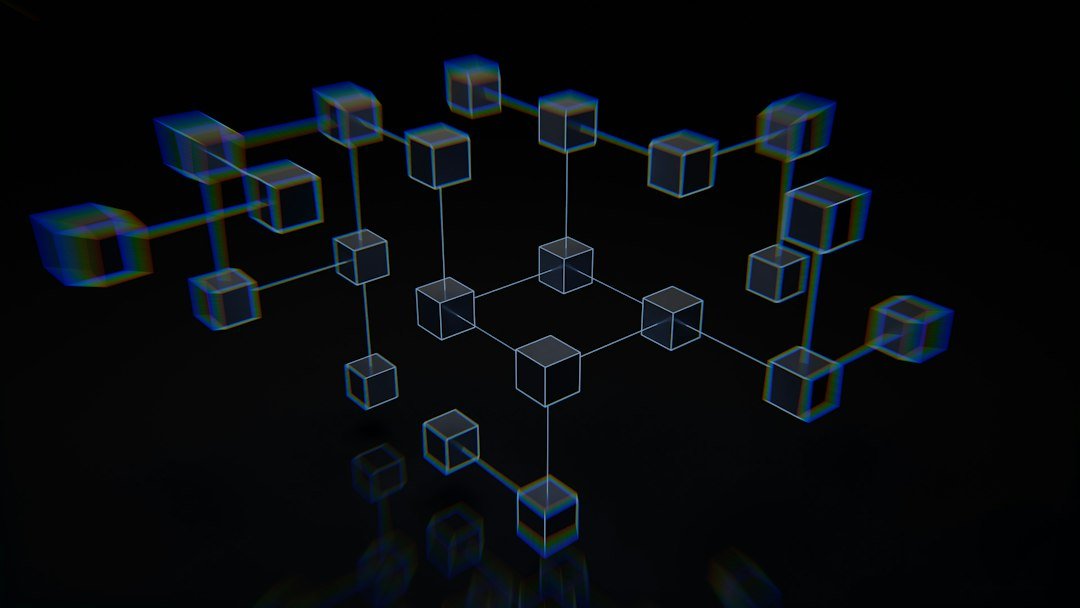 Conceptual 3D illustration of connected blockchain blocks