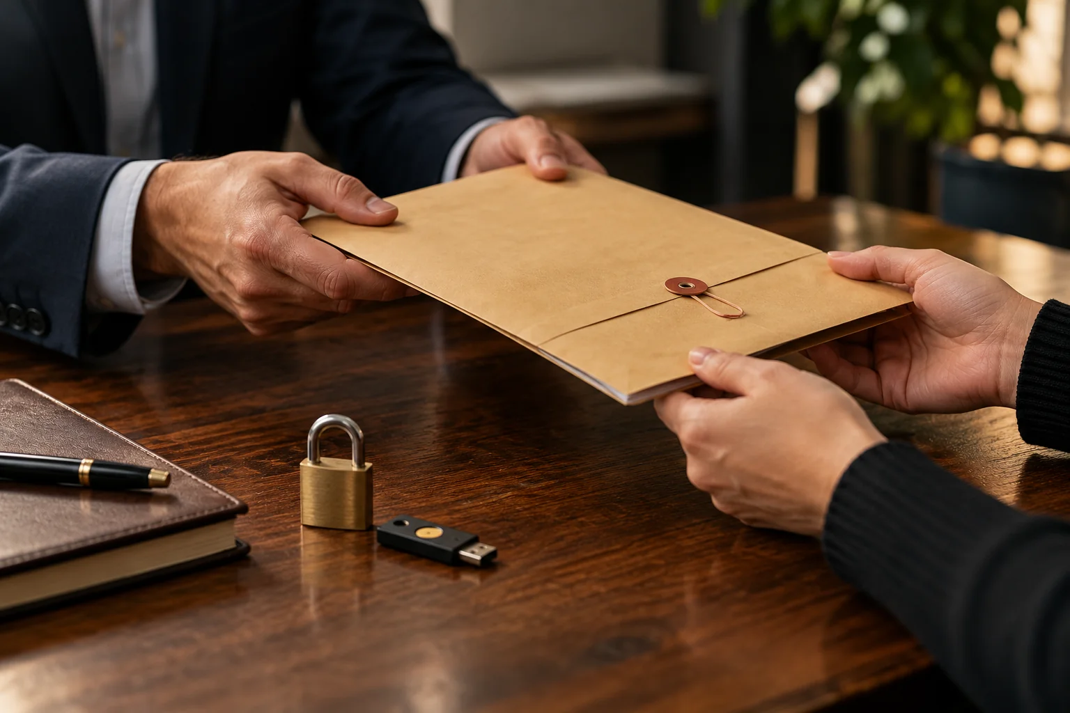 Sealed documents passed to a client beside a padlock and security key.