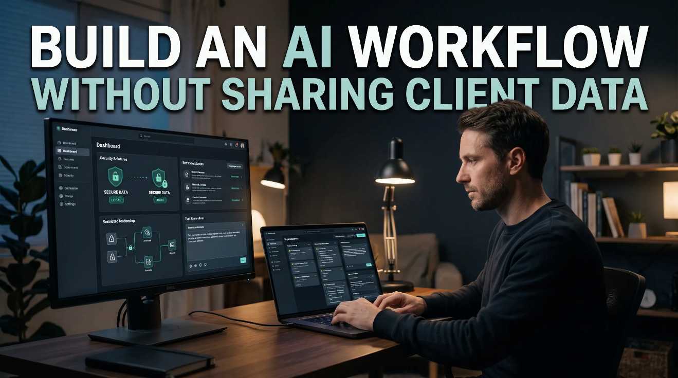 Build an AI workflow without sharing client data — freelancer at a secure workspace