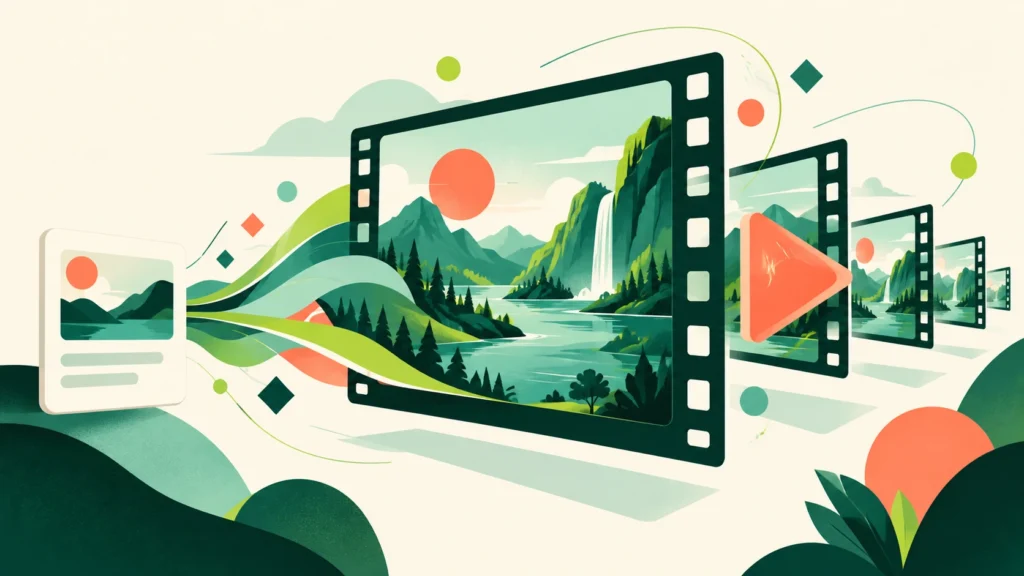 Vector-style illustration of a still image becoming a sequence of video frames