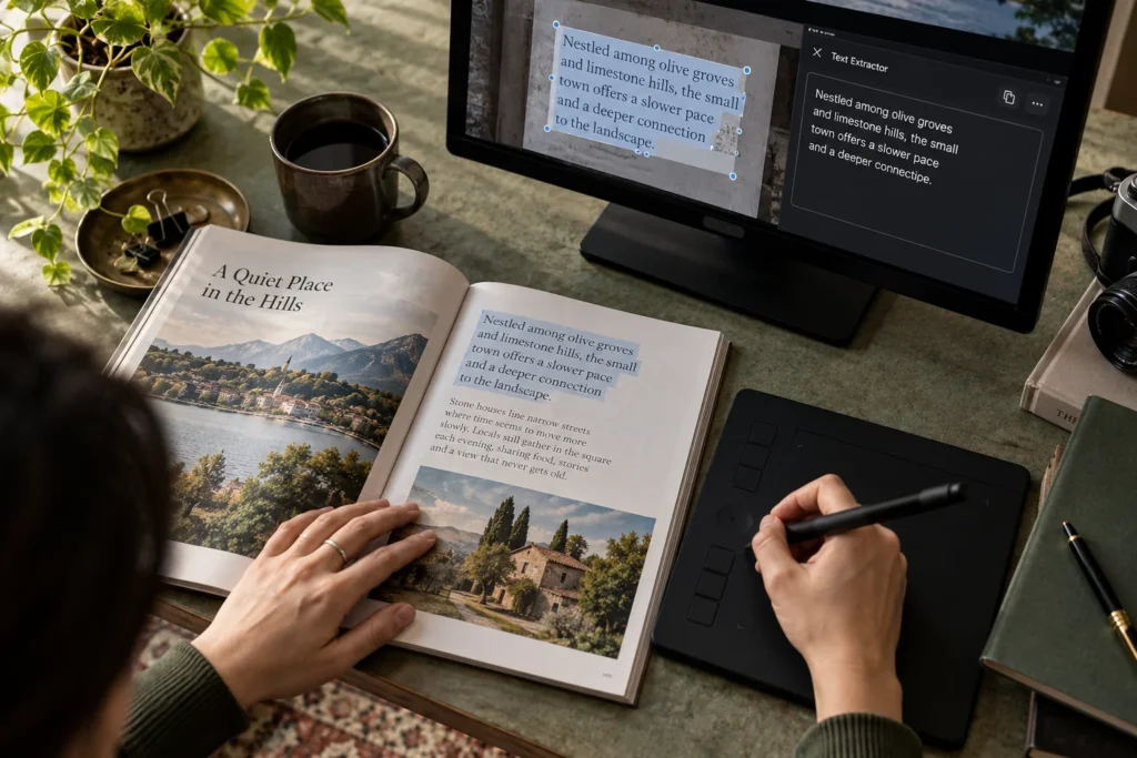 Printed magazine and selected text on a monitor illustrate extracting text from images.