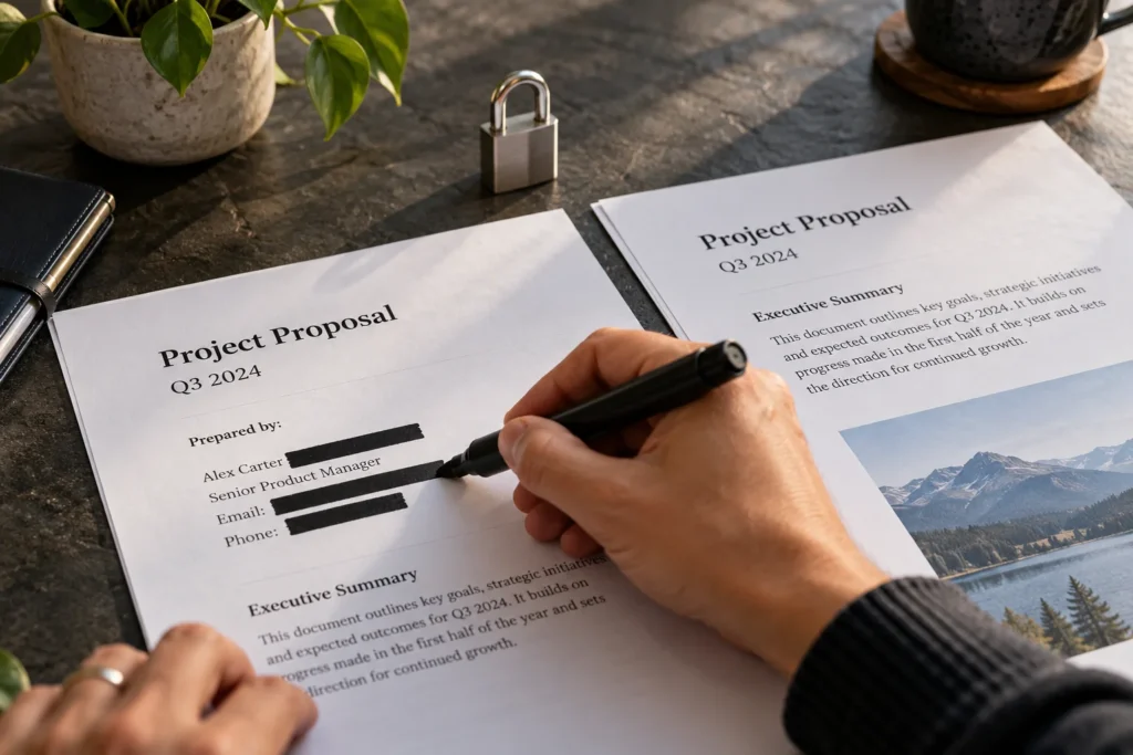Conceptual photographic visual of personal details being redacted from documents.