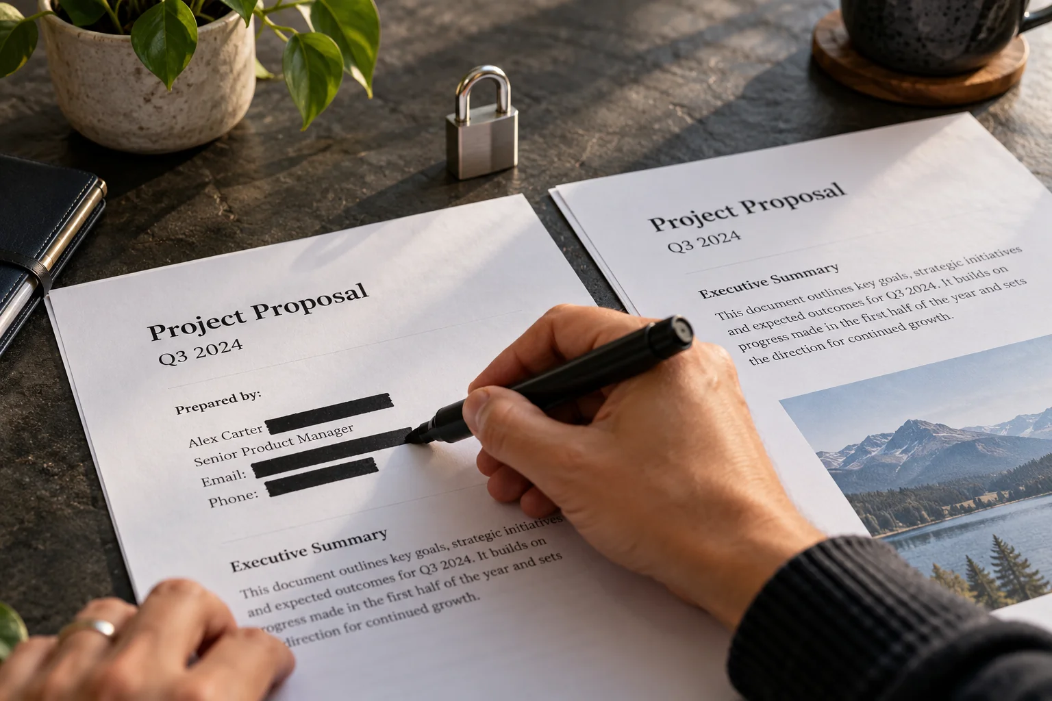 Conceptual photographic visual of personal details being redacted from documents.