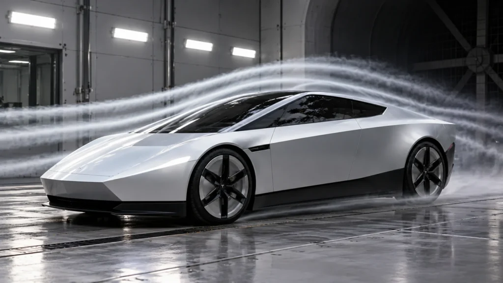 AI-generated silver Roadster wind-tunnel illustration with airflow smoke