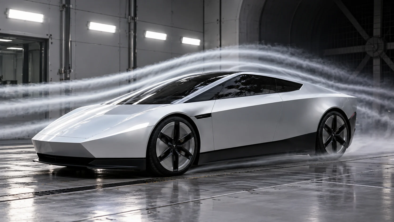 AI-generated silver Roadster wind-tunnel illustration with airflow smoke