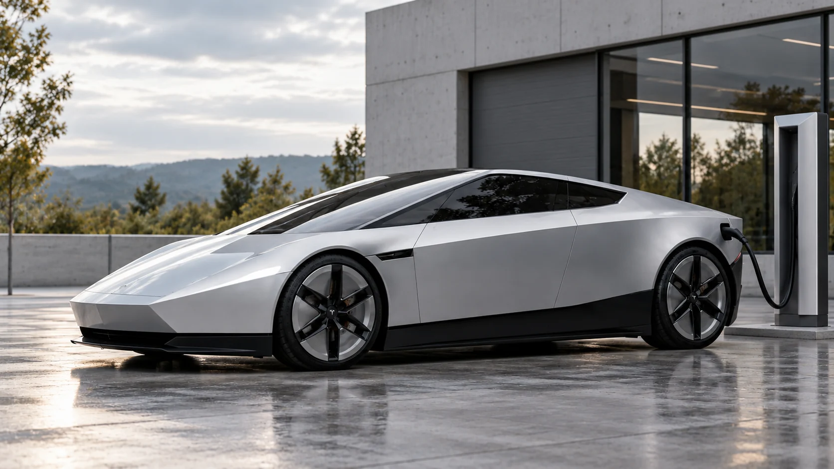 AI-generated silver Roadster charging concept beside an EV charger