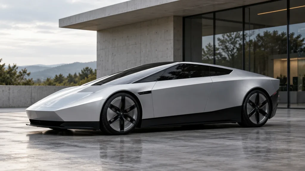 AI-generated silver Roadster illustration outside a modern building