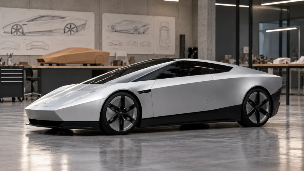 AI-generated silver Roadster illustration in a vehicle design workshop
