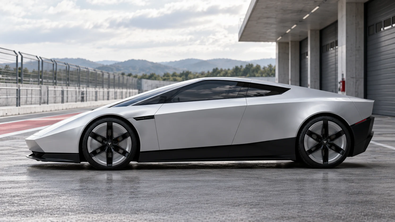 AI-generated side profile of a silver Roadster on a test-track pit lane