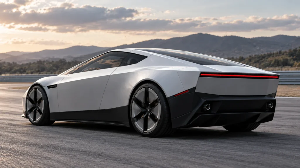 AI-generated silver Roadster rear view with conceptual cold-gas outlets