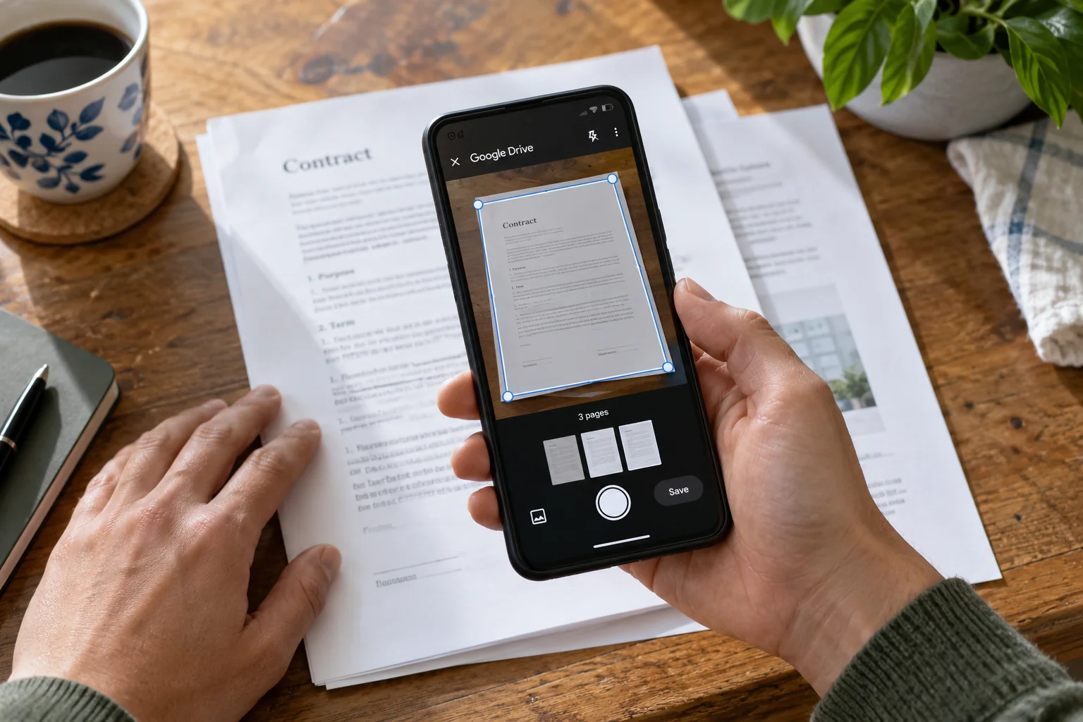 overhead documentary photograph of a real adult hand holding an Android smartphone over a contract on a wooden table, a second and third paper page underneath.