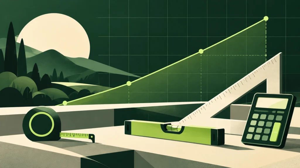 Conceptual slope illustration with an ascending line, measuring tools and a calculator