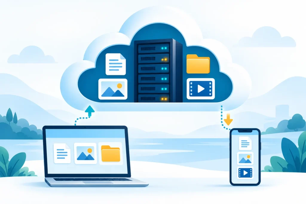 Cloud storage illustration showing files on remote servers accessed from a laptop and smartphone.